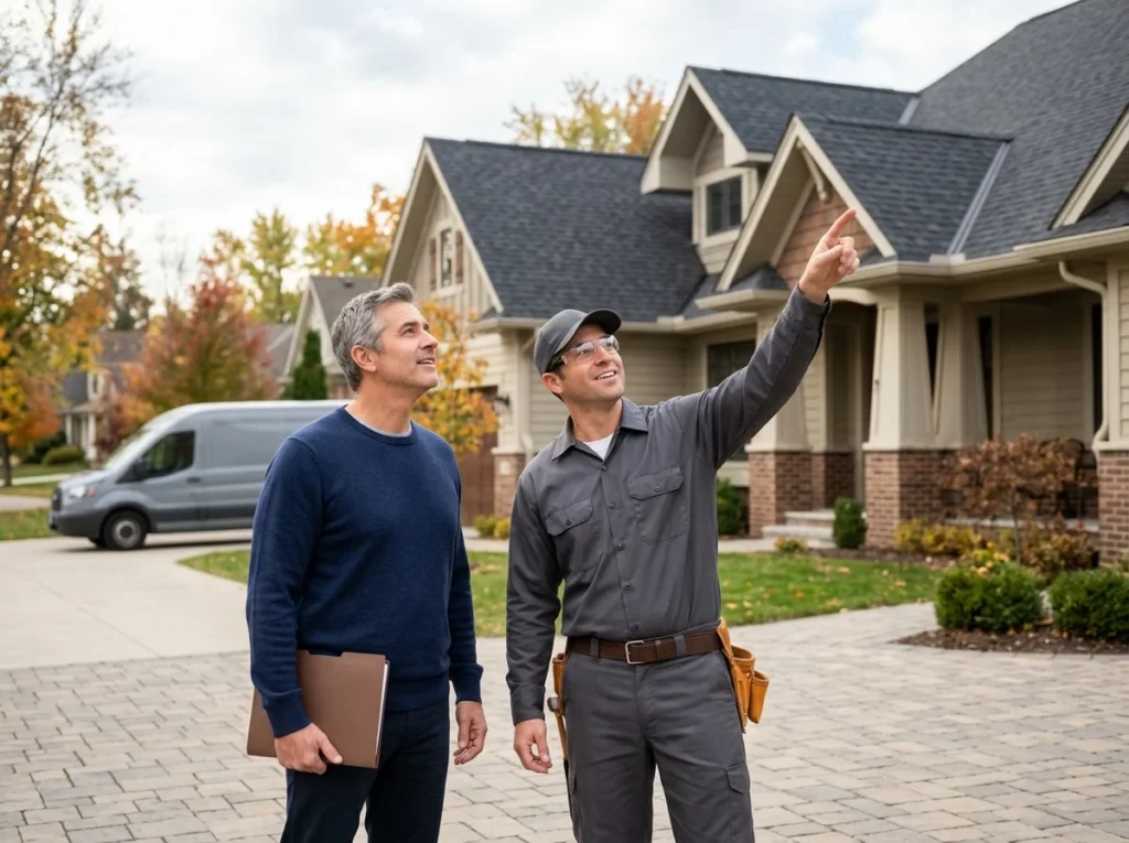 A roofer and a homeowner standing on a driveway looking up at the roof, the roofer pointing at a valley