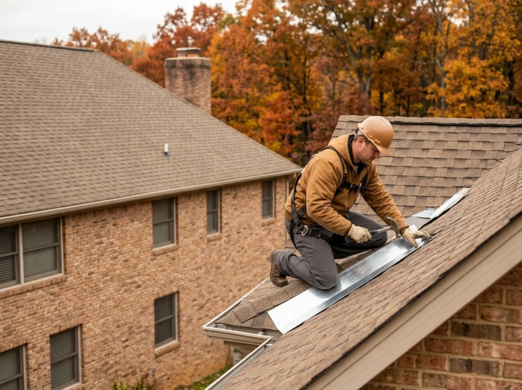 A roofer fitting new metal valley flashing on a steep shingle roof