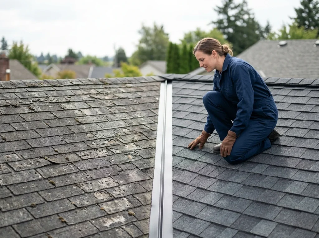 Two roof slopes meeting at a valley, one side weathered and losing granules, the other newly shingled