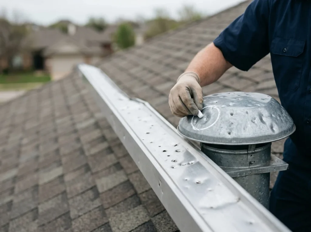 Hail dents across an aluminium gutter and a metal roof vent cap, a chalk circle marking one impact