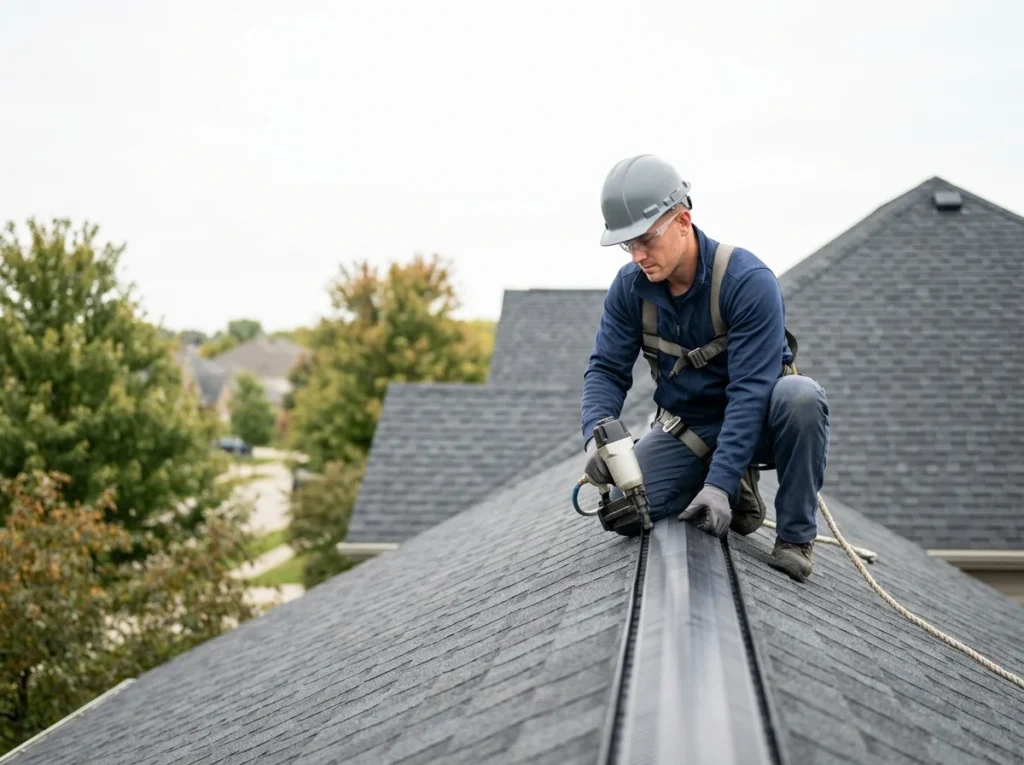 A roofer fitting continuous ridge vent along the peak of a shingle roof