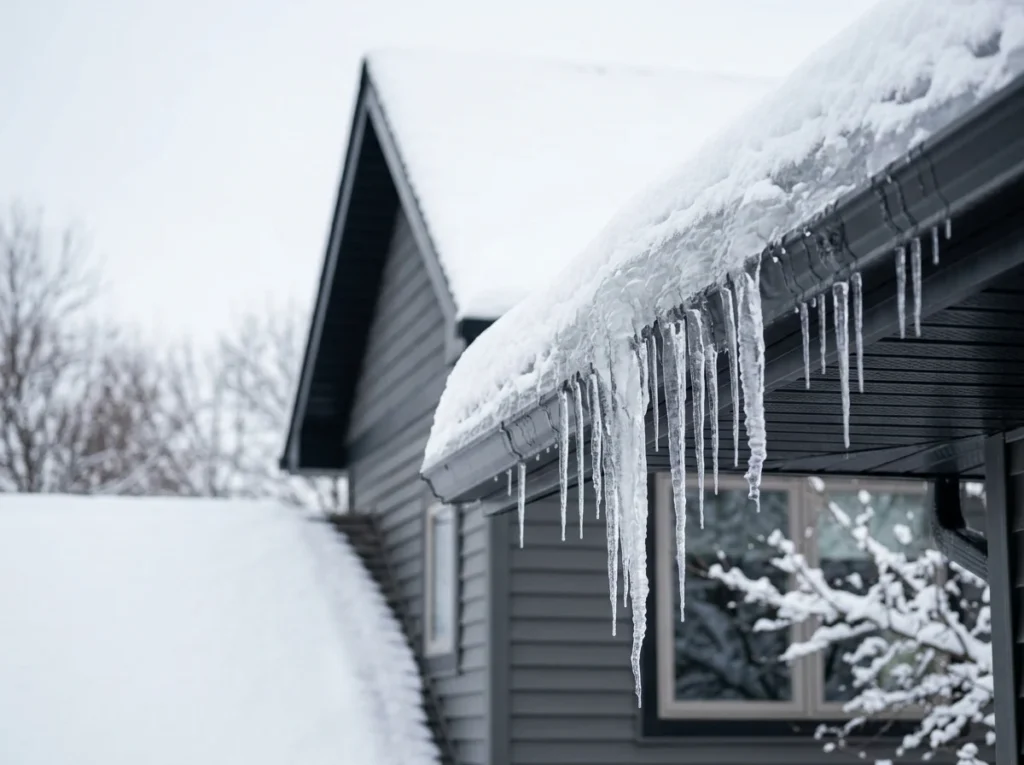 A thick ridge of ice and icicles built up along the eave and gutter of a snowy roof