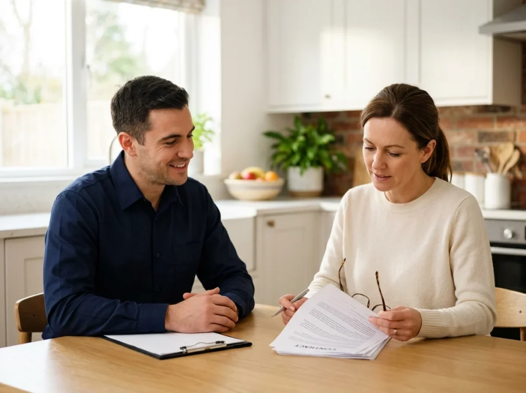 A homeowner reading a printed contract at a kitchen table while a roofer waits across from them