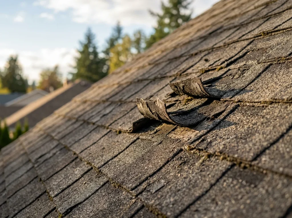 An aged asphalt shingle roof surface with heavy granule loss and curling tabs