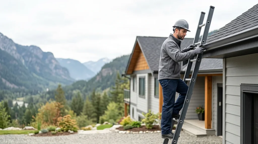 A roofer near the top of an extension ladder at the eaves, checking the drip edge and gutter line