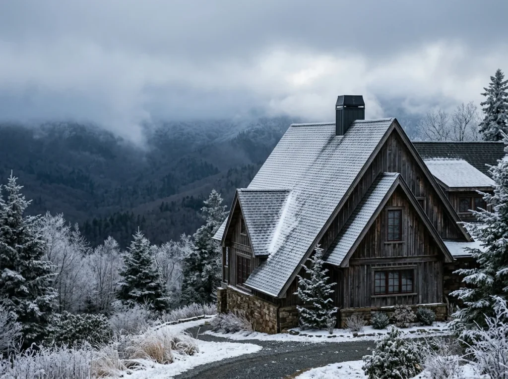 A steep mountain roofline of an older house under low cloud, frost still on the north slope