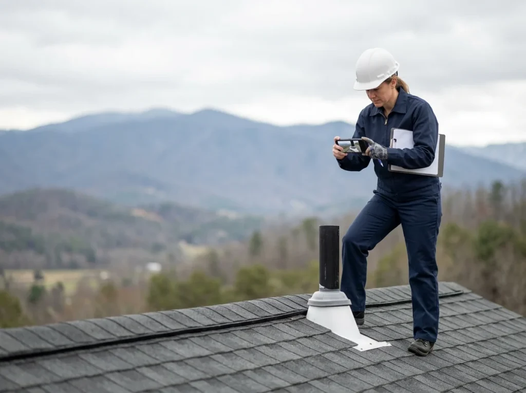 A roofer standing on a roof ridge photographing a pipe boot penetration with a phone, clipboard under one arm