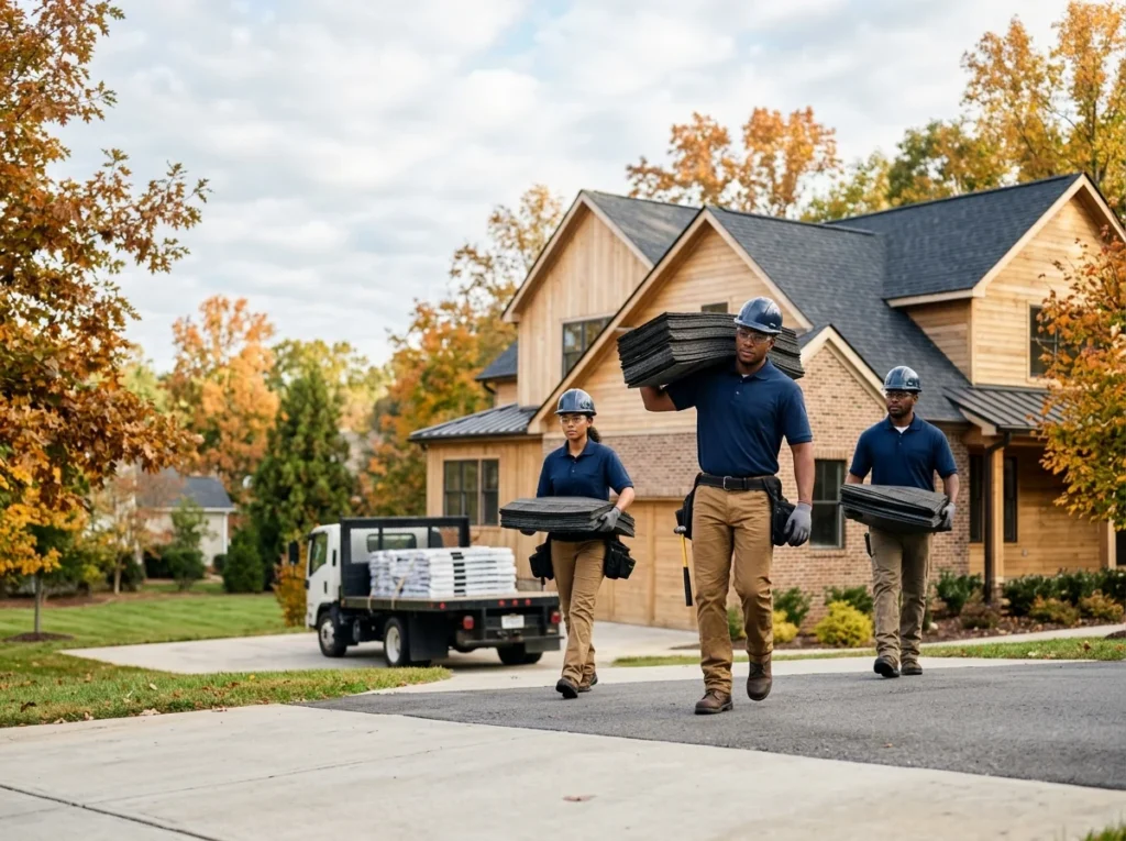 A three person roofing crew carrying bundles of shingles from a flatbed truck up a driveway