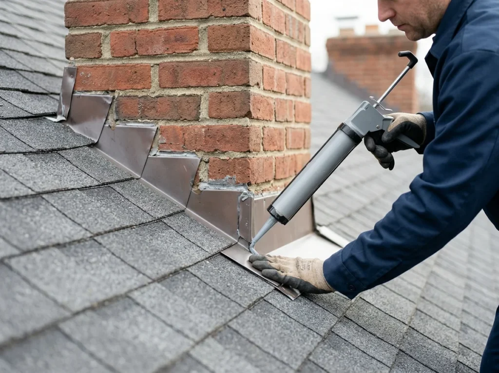 Close work fitting step flashing where a shingle roof meets a brick chimney, sealant gun in hand